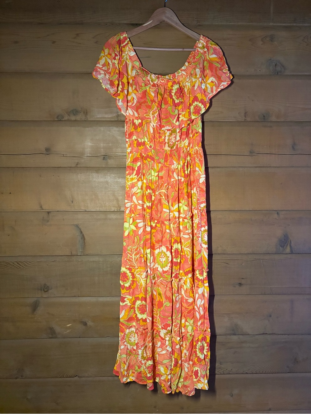 Retro Inspired Floral Maxi Dress- Terra & Sky- Orange Pink & Yellow- Size 0X